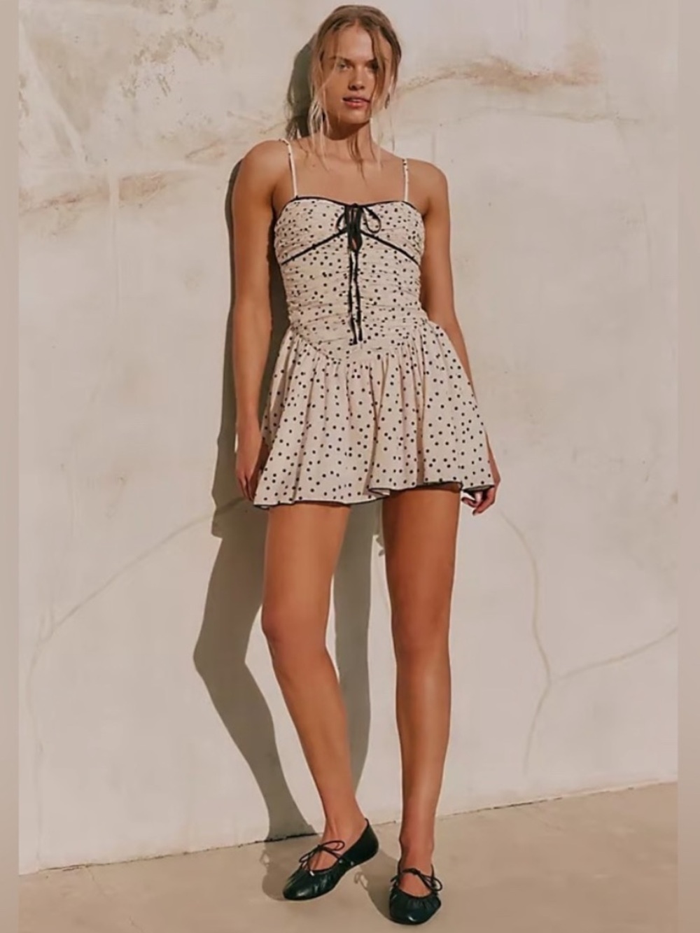 Free People Cream Polka Dot Mini Dress with Black Trim